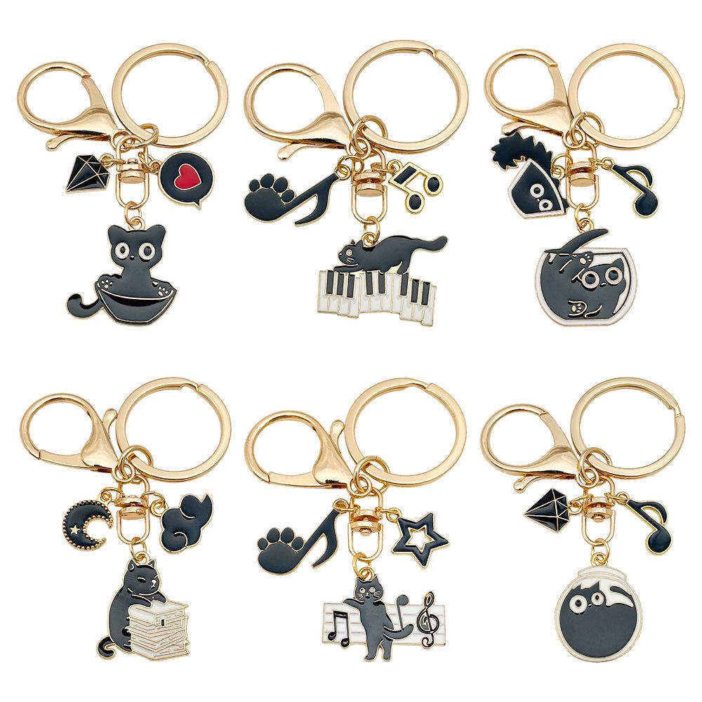 Dripping Oil Cartoon Black Cat Keychain Pendant: Cute Zinc Alloy Backpack Ornament In 6 Styles