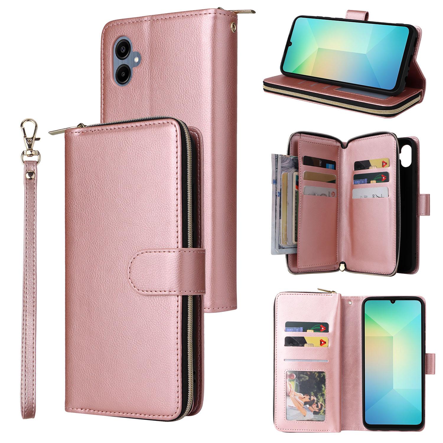 

For Samsung Galaxy A07 4G/A06 4G/A06 5G Case Zipper Pocket PU Leather Phone Cover with Hand Strap Rose Gold