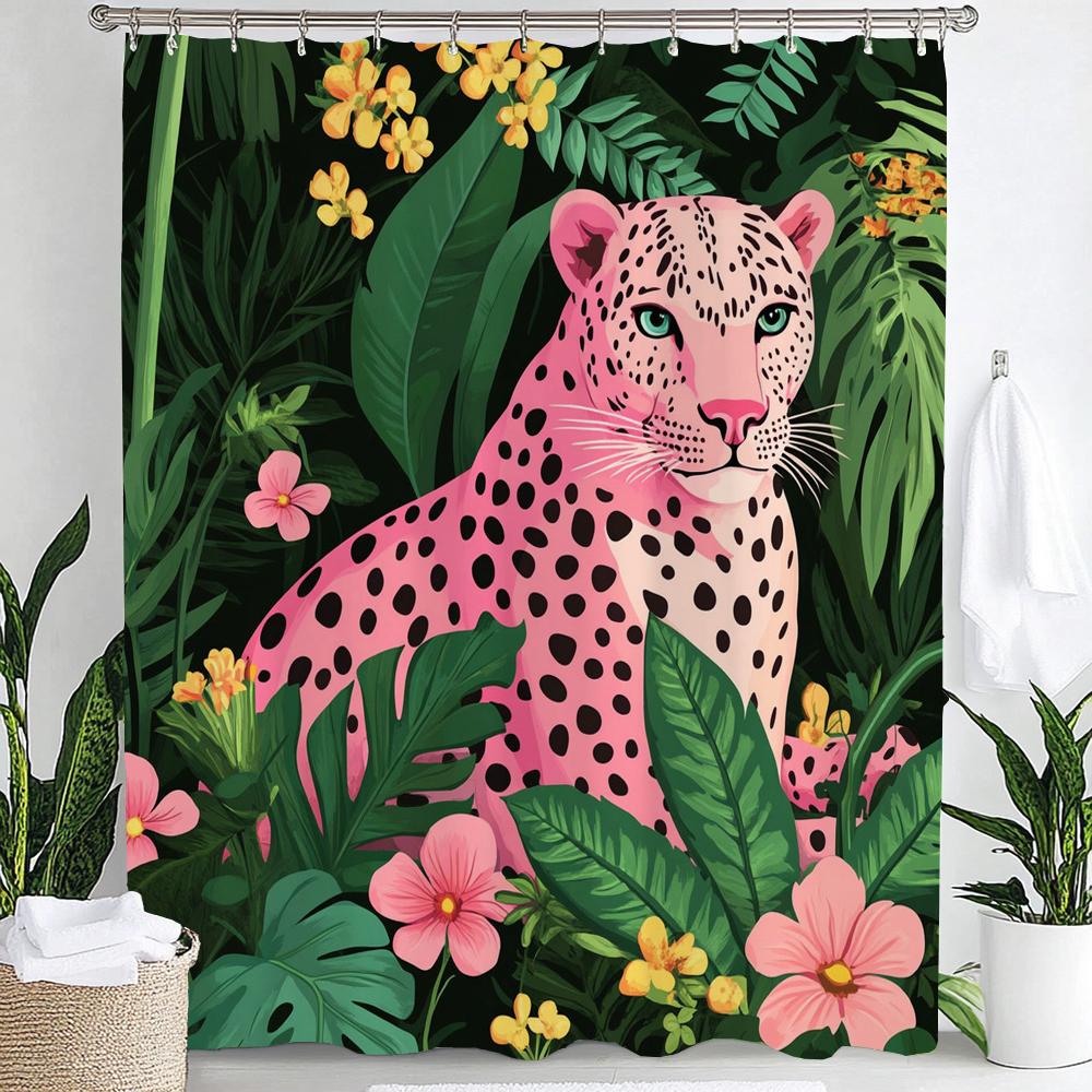 Tropical Plants, Flowers and Pink Leopards Print Waterproof Shower Curtain Hanging Curtain 12 Hooks Decoration Machine Washable