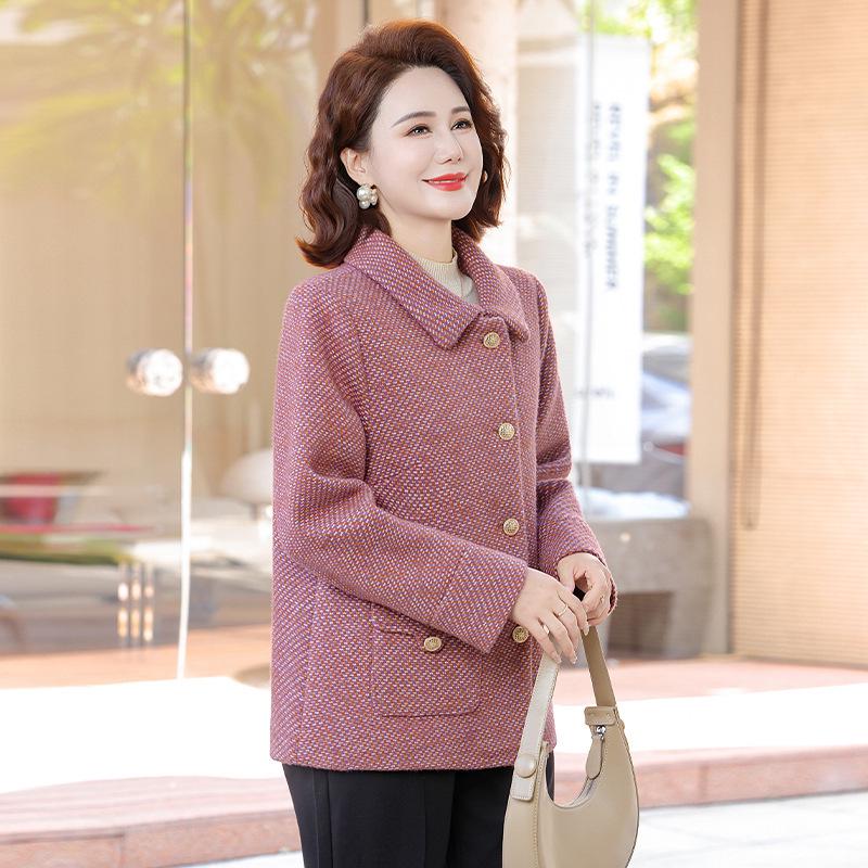 Mom's 2026 Plaid Woolen Coat: Stylish Fall/Winter Turn-Down Collar for Middle-Aged & Elderly Women