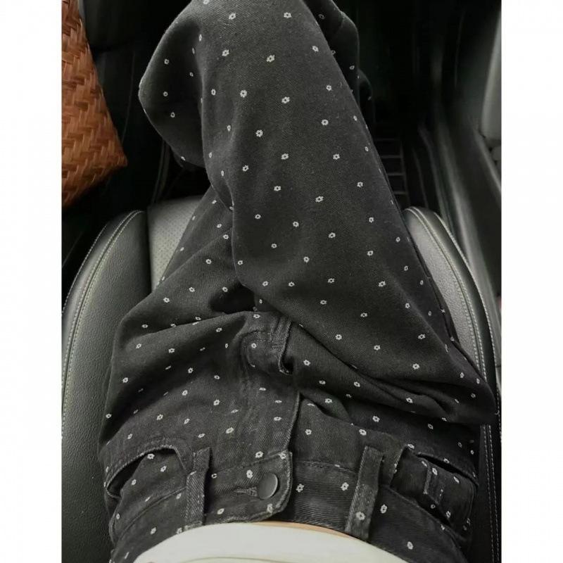 

Ретро старые джинсы прямого кроя в горошек женские летние с высокой посадкой свободные и тонкие широкие брюки драпирующиеся длинные брюки до пола XL чёрный