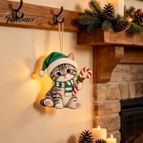 Holiday Tree Ornaments Cute Kitten Christmas Ornament for Hanging, 2D Flat Wooden Decorations Decorative Pendant with Lanyard Home Party Supplies