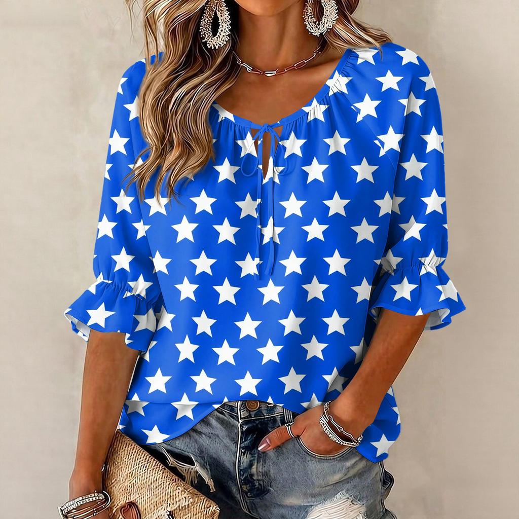 Women's Round Neck Three-Quarter Sleeve Blouse with Star Print and Ruffle Hem Tie