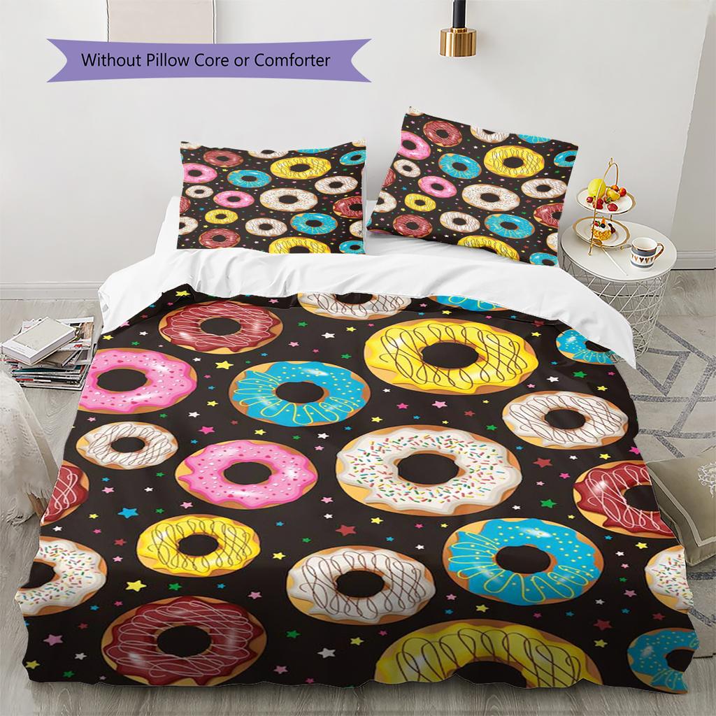 Pościel z wzorem kreskówkowych pączków Zestaw kołdry Poszewka na kołdrę Poszewka na poduszkę Dekoracja domu Prezent (1 * poszwa na kołdrę + 2 * poszewki na poduszki, bez rdzenia)