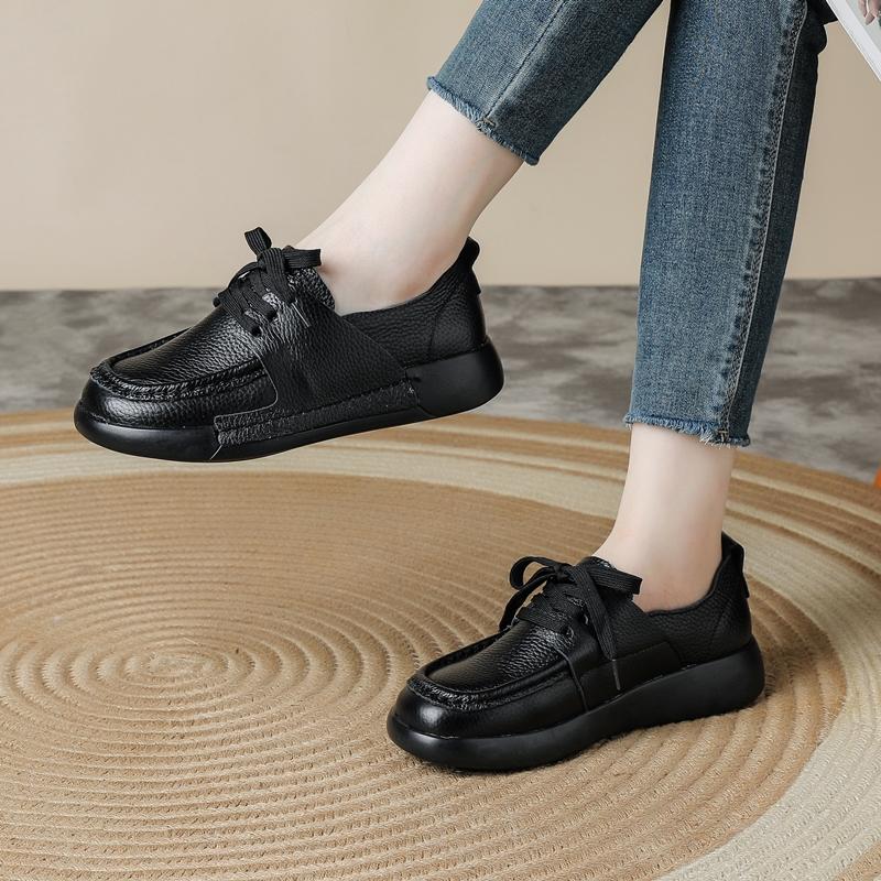 Women Casual Laceup Loafers Comfort Soft Sole Daily Walking Shoes Fashion Round Toe Flat Genuine LeatherShoes Outdoor Travel