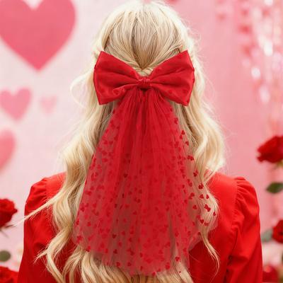 Heart Print Mesh Bow Hair Clips For Women Romantic Red Tull Ponytail Hairpins Girls Valentine's Day Headwear Hair Accessories
