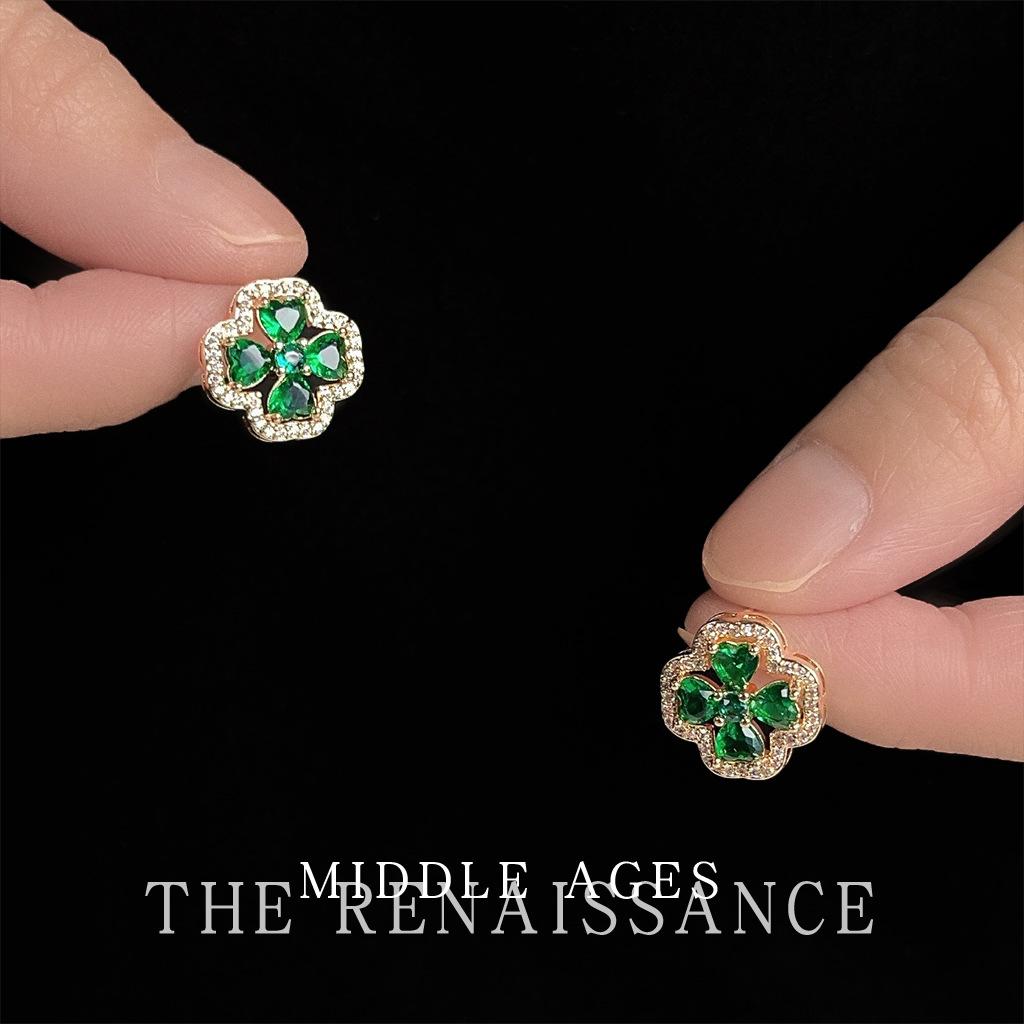 Французские винтажные серьги-пусеты в виде клевера с изумрудным цирконом, модные серьги