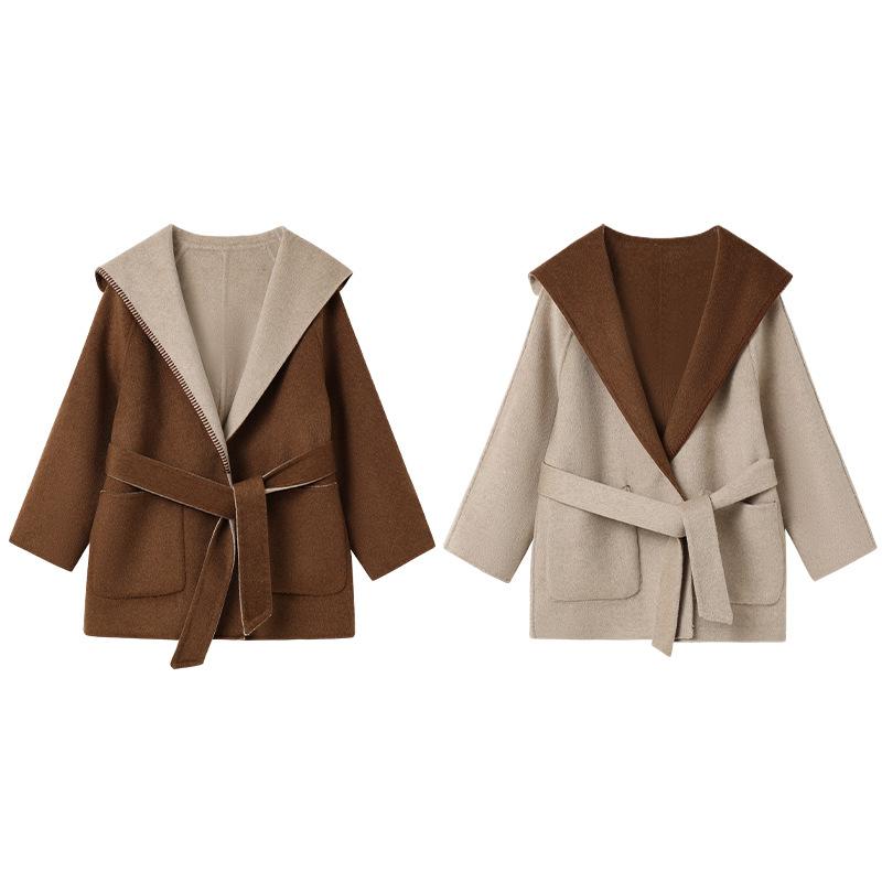 

Winter double-sided wear contrasting color hooded bathrobe coat new light luxury haute couture light ripe wind coat women NY M