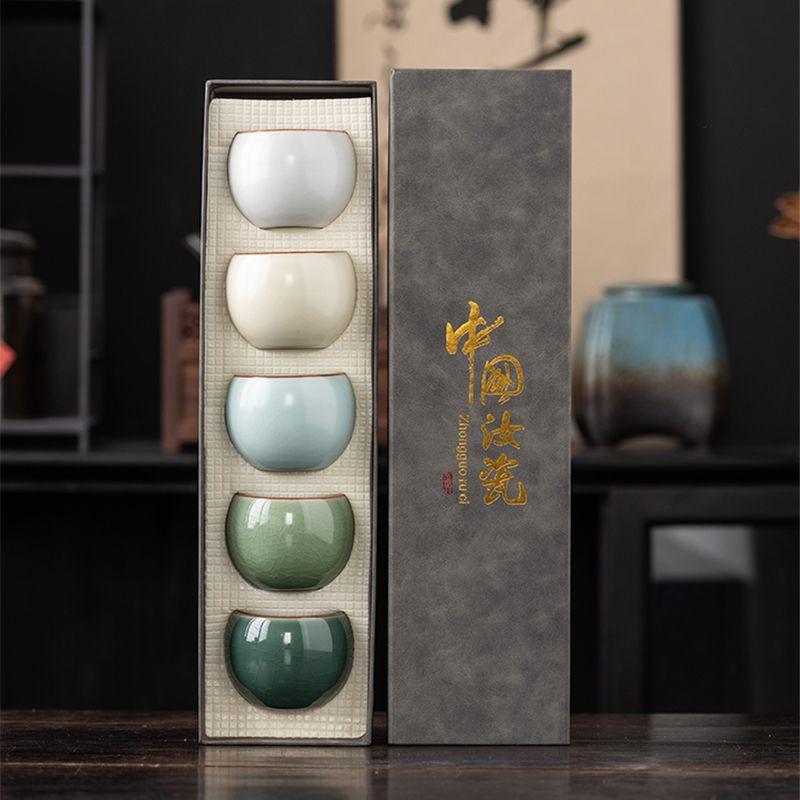Large Ceramic Gaiwan-Style Personal Tea Cup With Crackled Glaze Five Elements Design Handcrafted Chinese Style Gift Giving