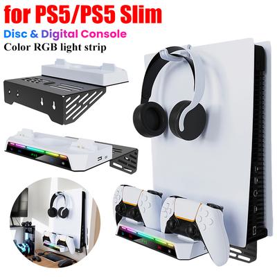Shelf Floating Mount & Charging Station W/ Headset Holder Metal Wall Hanging Charger Stand for Playstation 5 Slim Disc & Digital