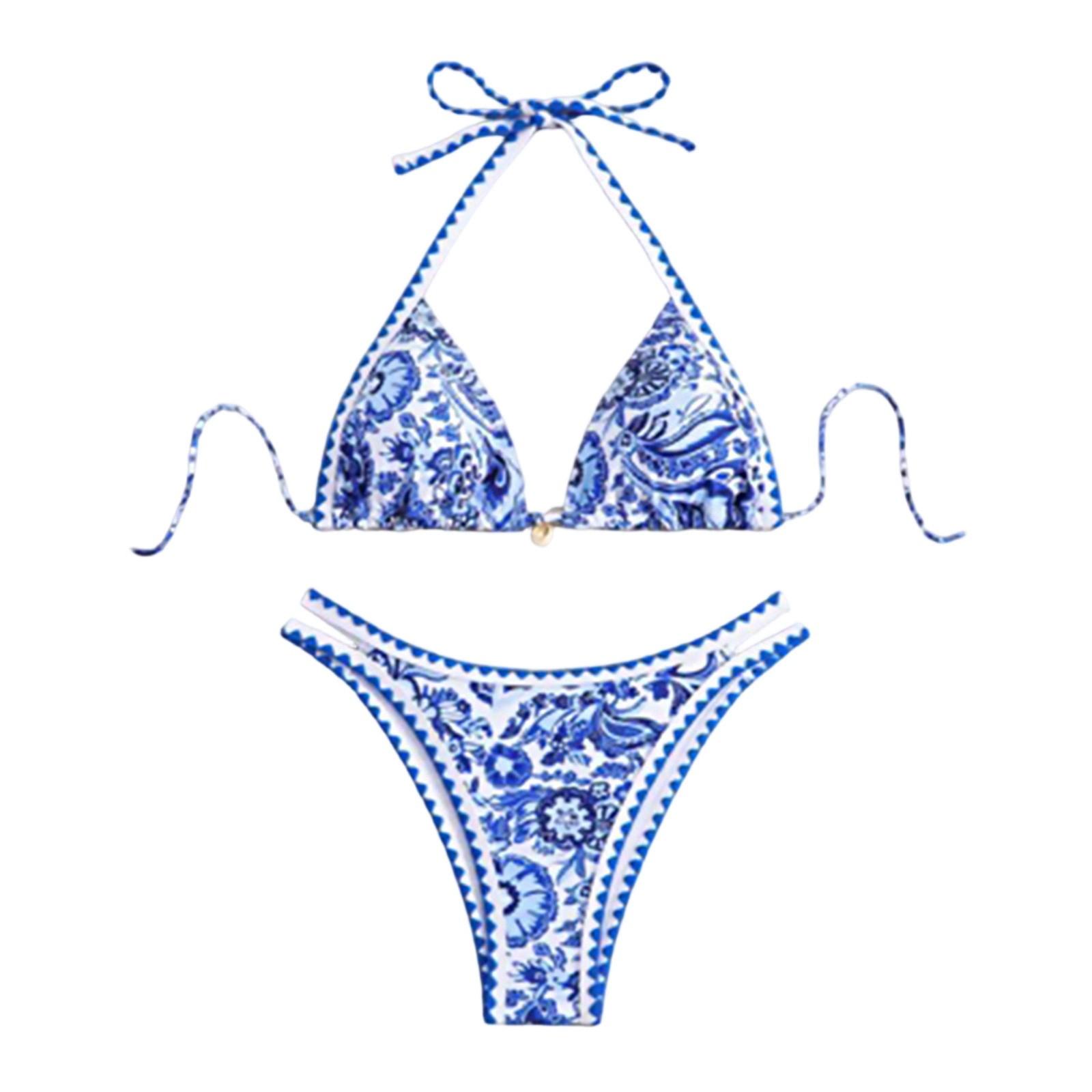 

Женский купальник с цветочным принтом, летний купальник с узором пейсли, комплект бикини L синий