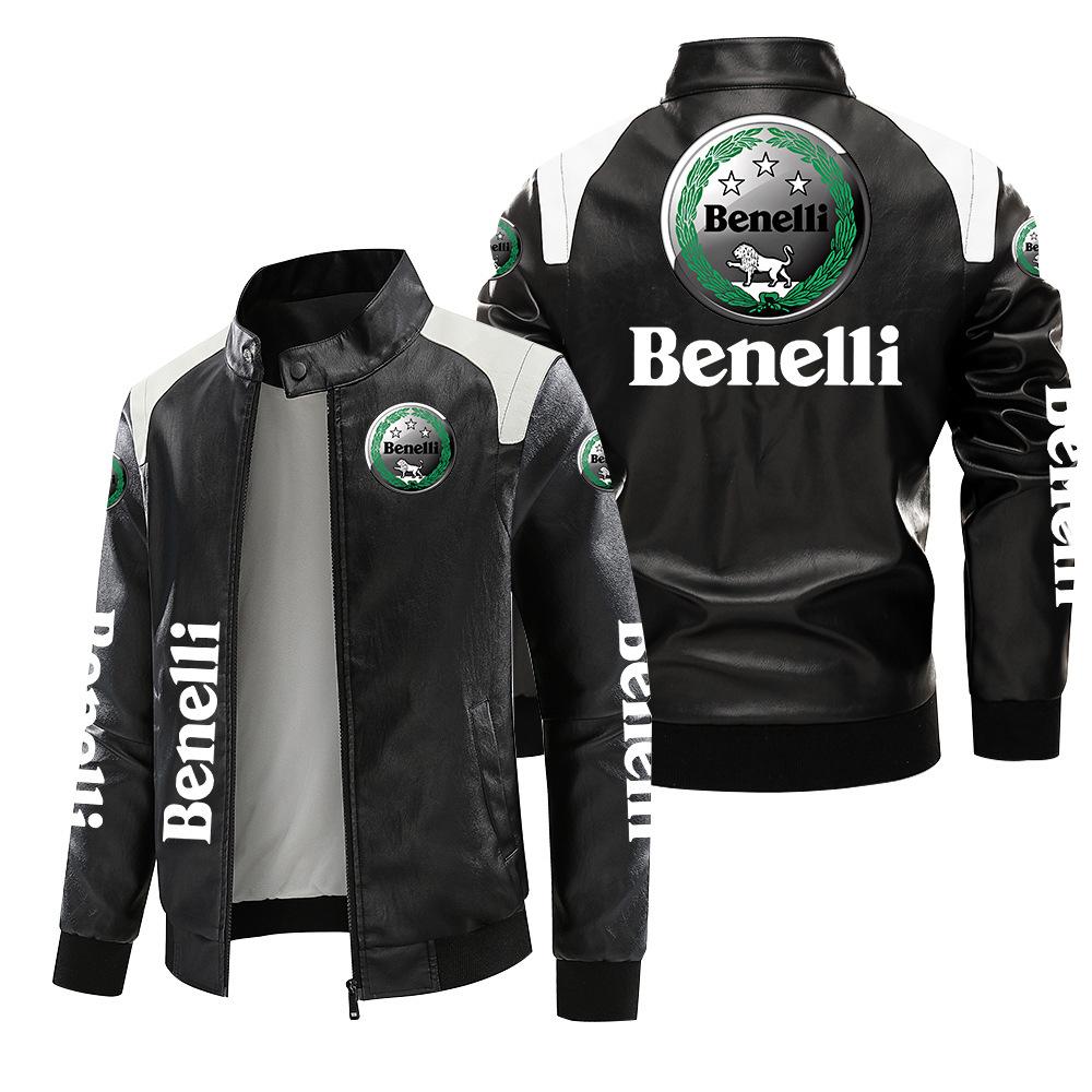 [European size velvet] Beinelli locomotive logo leather jacket large size printed autumn and winter jacket pu high-end men's clip
