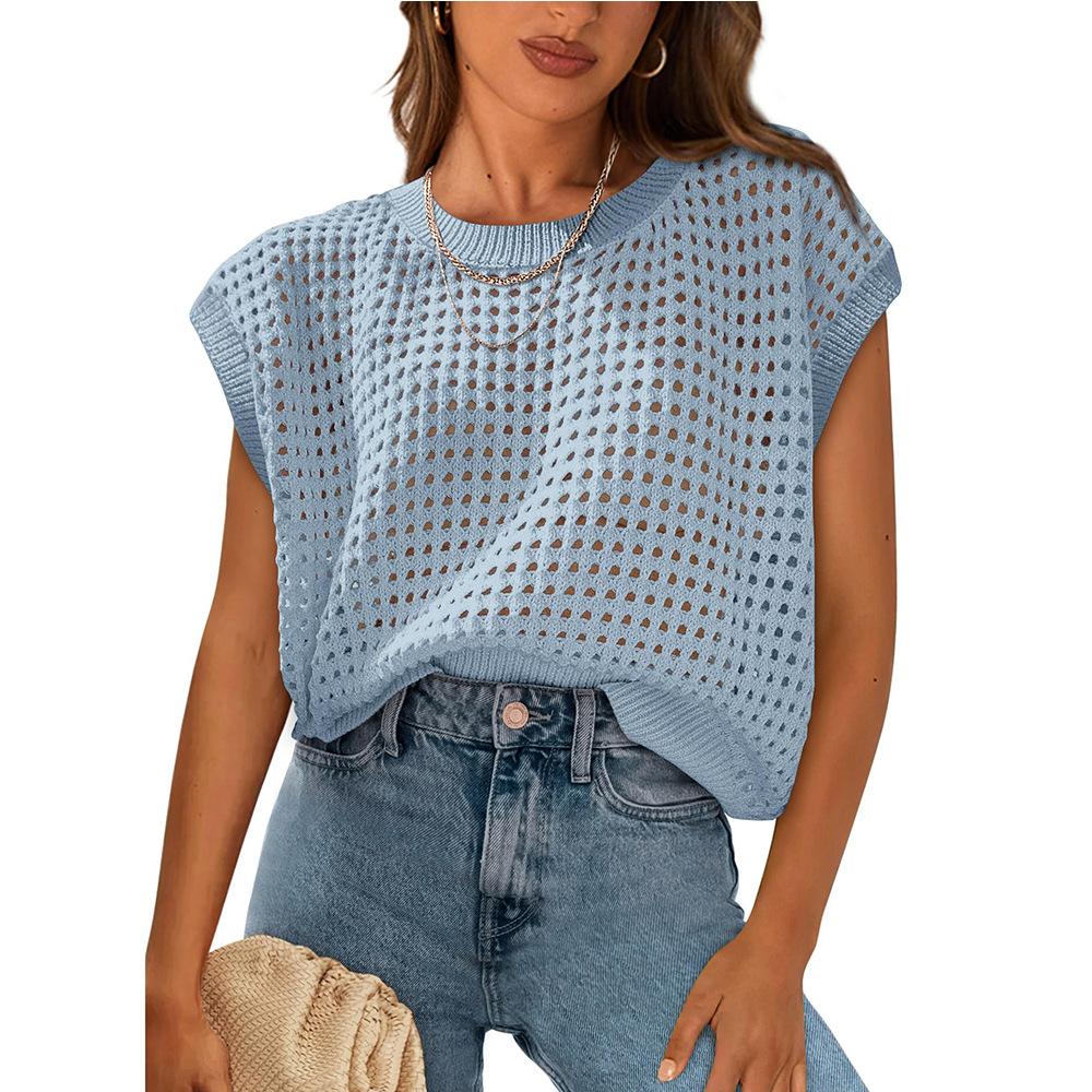 Summer Women's Round Neck Hollowed Out Sunscreen Knitted Sweater Cover Knitted Vests
