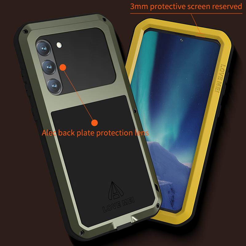 LOVE MEI Für Samsung Galaxy S23+ Stoßfeste Handyhülle Silikon+Metall Fallfestes Smartphone-Cover mit Hartglasfolie