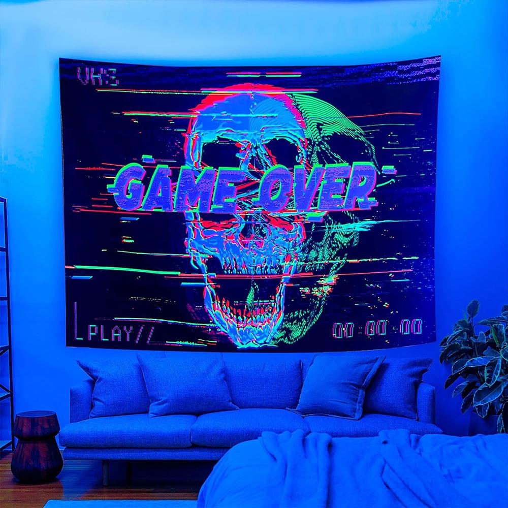 UV Reactive Blacklight Tapestry Trippy Skull Alien Mushroom 2D Flat Printed Peach Skin Wall Hanging Bedroom Aesthetic Room Decor