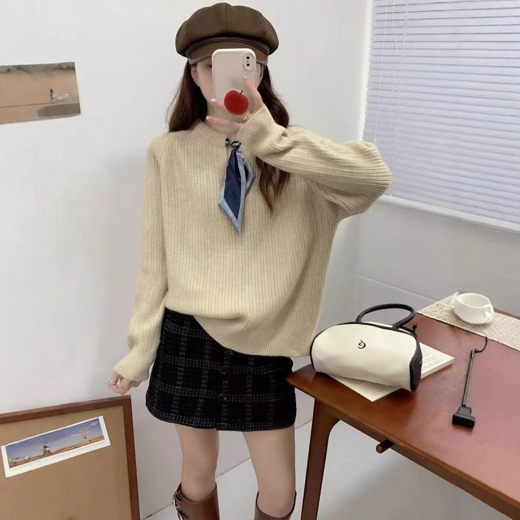 Autumn and winter design pullover sweater women's ribbon bow tie crew neck gentle fashion versatile knitted sweater women
