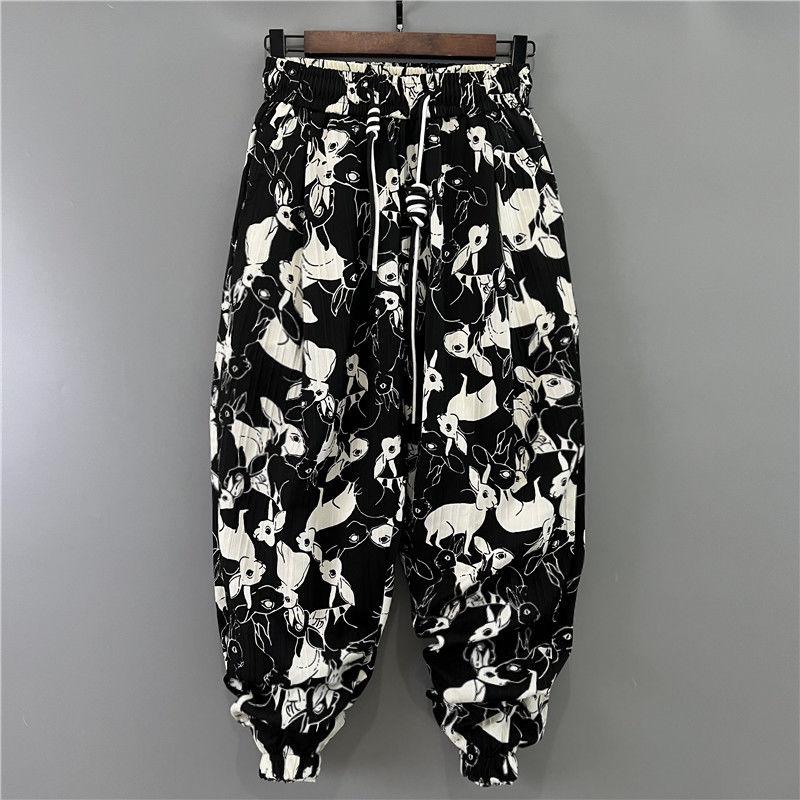 

Повседневные осенние брюки сезон тонкий красивый мужской трендовый свободный гарем укороченные штаны принт L чёрный