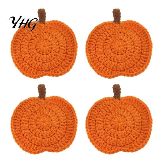 Rustic Farmhouse Style Decor Handmade Crochet Pumpkin Coasters, Soft Polyester Coffee Mats, Seasonal Table Accessories Autumn Themed Dining