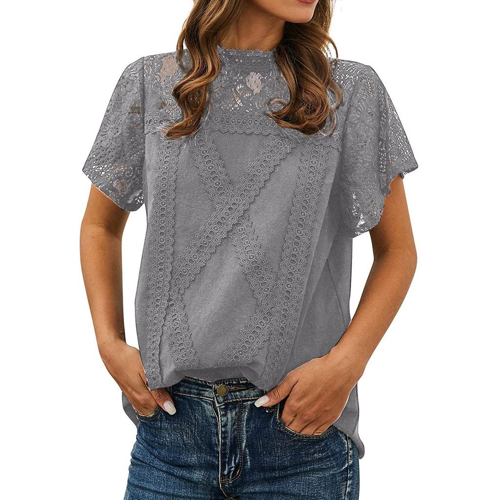 Women's Cute Lace Blouse Top Short Sleeve Lace Hollow Out Turtle Neck T Shirt