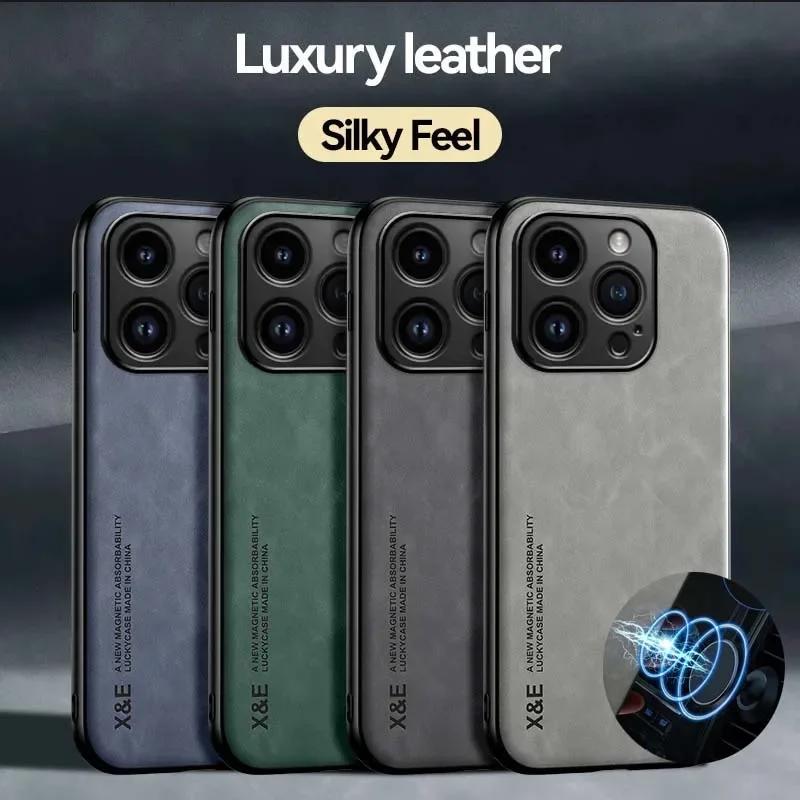 Leather Case For For Iphone 17 16 16e 1 14 13 12 11 Pro Max Plus 13 12 Mini SE 8 7 Cover With Metal Plate Support Car Hold