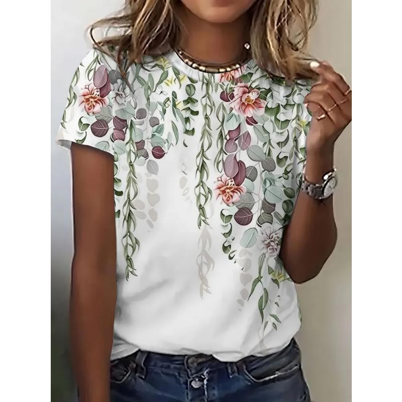 Flower Short Sleeve 3D Flower Color Printing Fashion Women's Crew Neck Short Sleeve Crew Neck T-Shirt Senior Women's Clothing