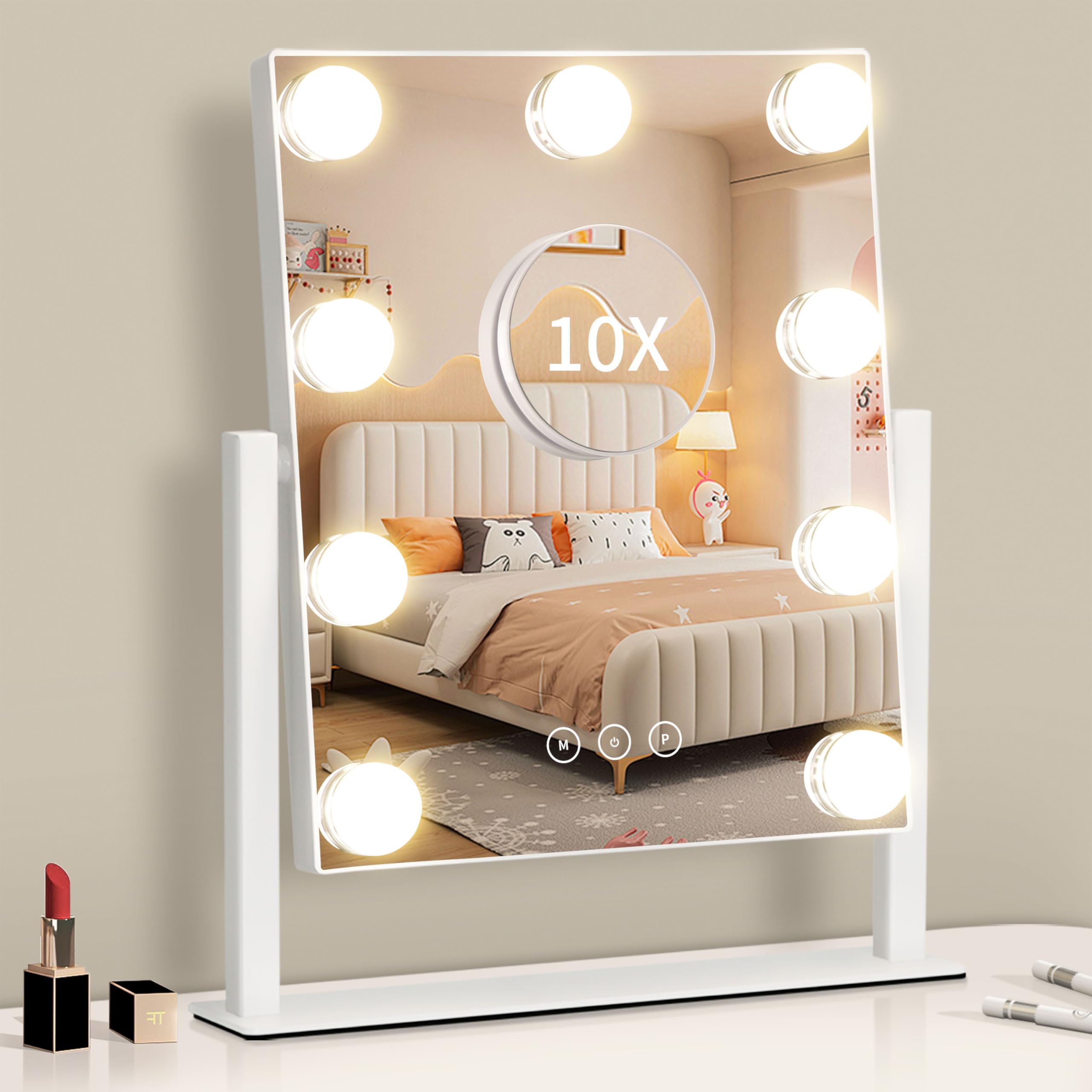 

Зеркало для макияжа Nusvan Hollywood Actress с трехцветной регулируемой подсветкой и 10-кратным увеличением, настольное, режимы, яркость, (25x30cm) белый