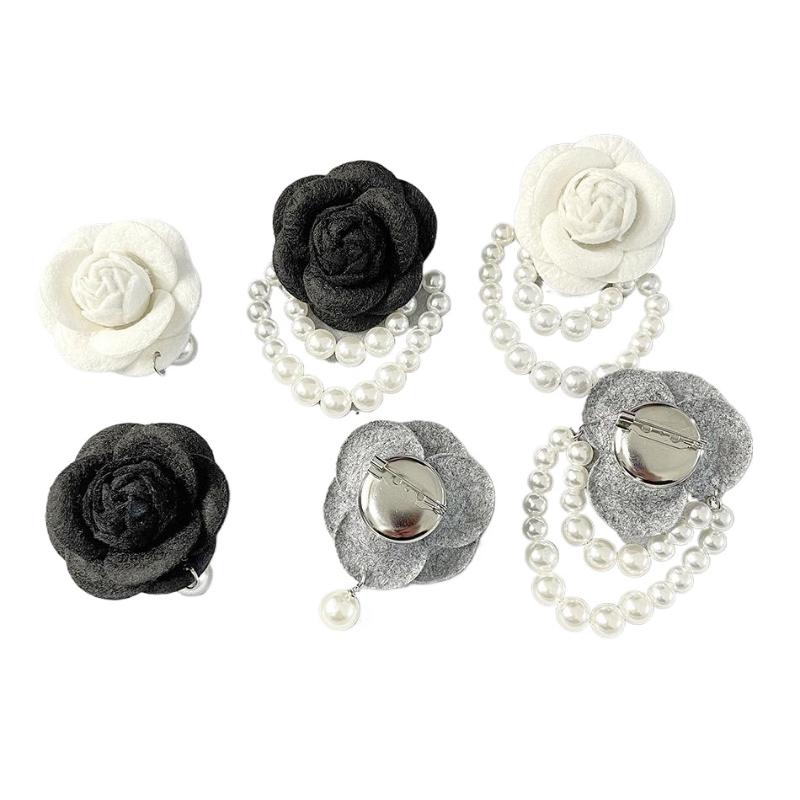 Women's Fashion Fabric Camellia Flower Pearl Tassel Corsage Brooch Pin Shirt Collar Jewelry Accessory