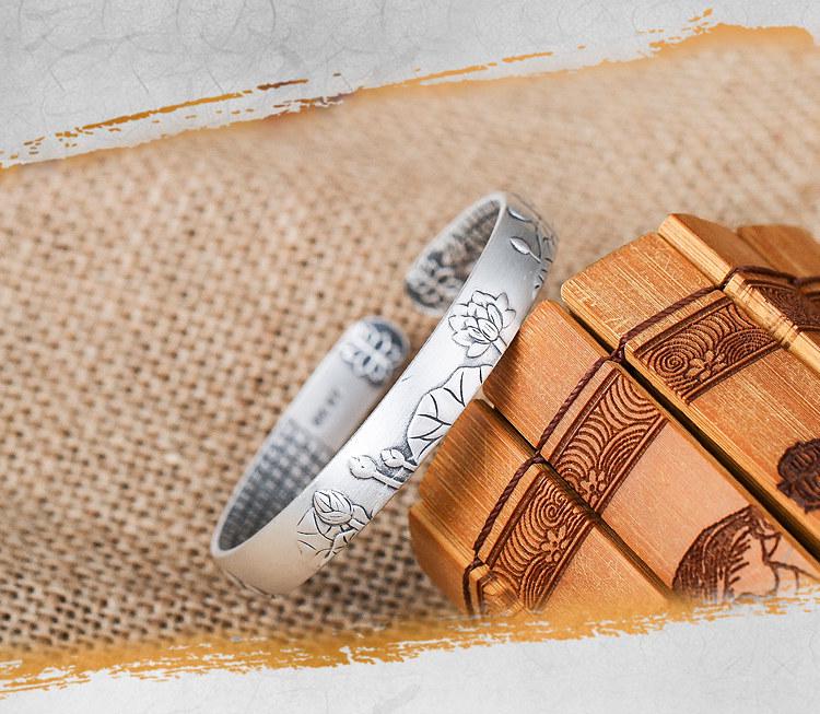 S999 Sterling Silver Lotus Heart Sutra Bracelet - Matte Silver Tassel, Openable Bangle for Women