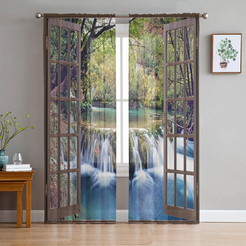 For Living Room Bedroom Space Decoration Chiffon Translucent Voile Kitchen Area Window Opening Drape Drapes - Sunrise Snow Footprints Tulle Curtains