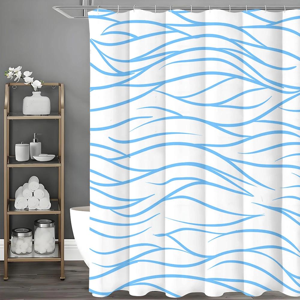 Blue Striped Shower Curtain, Bathroom Decorative Shower Curtain, Waterproof Shower Curtain with Hooks