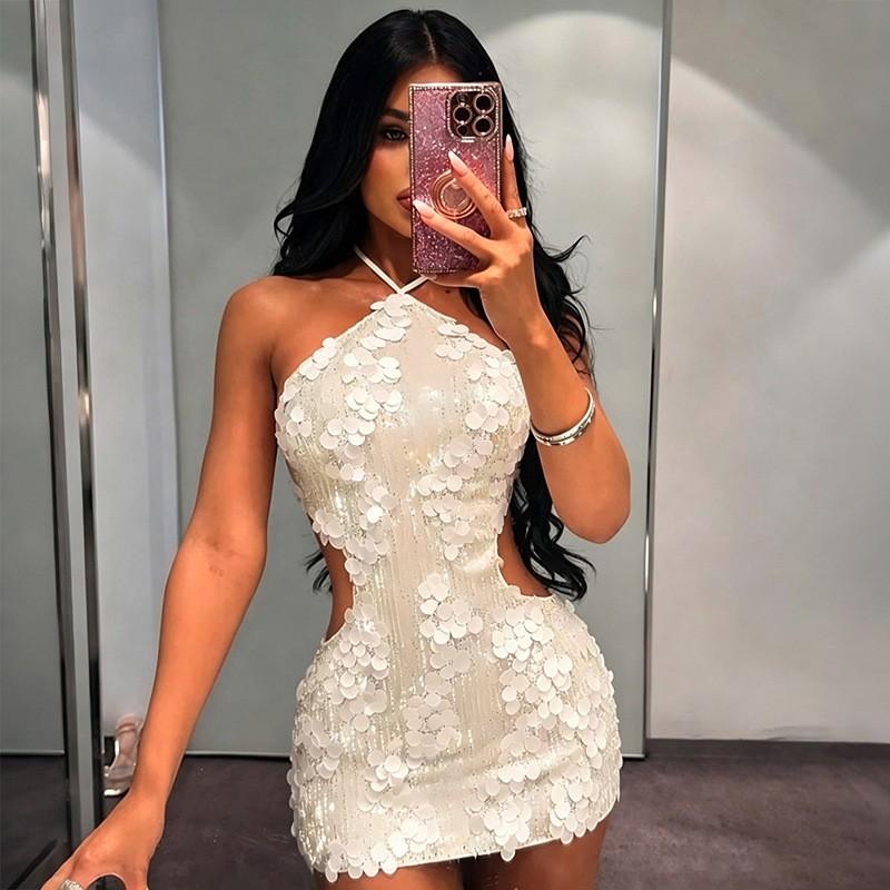 2026 Womens Sequin Sexy Backless Halter Lace Up Bodycon Mini Dress Nightclub Party