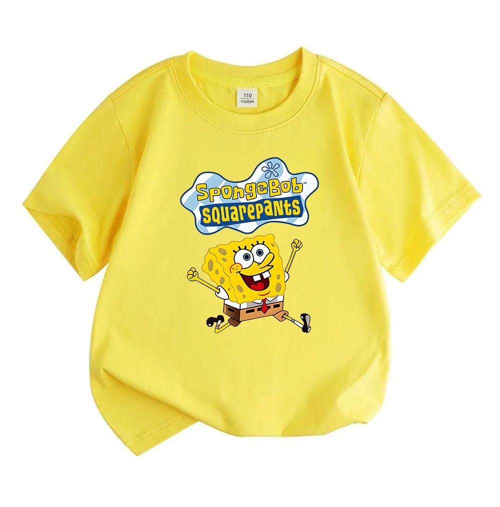 Kids Boys Girls Crew Neck Short Sleeve 100% Cotton T Shirt, Cute Happy Cartoon Yellow Sponge Printed Casual Loose Tees for Children Daily Wear Holiday