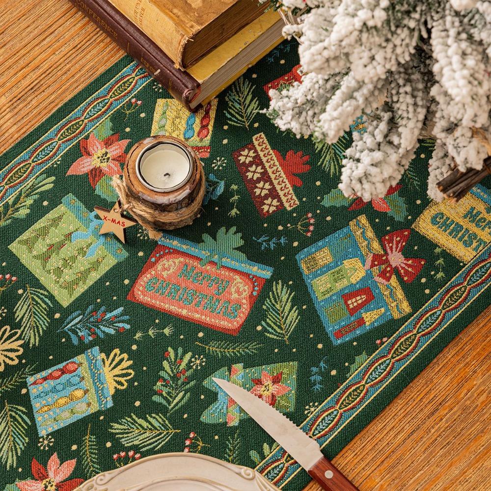 Christmas Jacquard Table Runner with Beads Festive Holiday Decor for Dining Table and Coffee Table