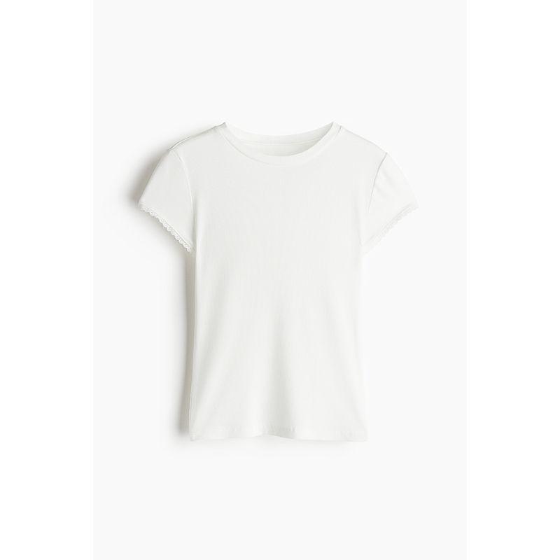 

HM Women s T-shirt 2025 Autumn New Arrival Minimalist Silm Trendy Soft Plaid Lace Edge Rib T-shirt 1259418 Cream color 165/96