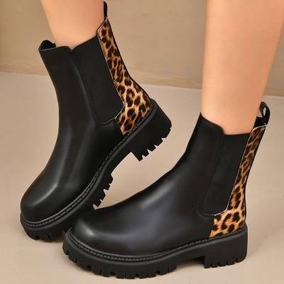 Mode Mode Bottines Chelsea à Plateforme Imprimé Léopard Femmes Slip On Grande Taille Semelle Épaisse Bottines Cheville Femme Cuir PU Bottines Courtes Mujer