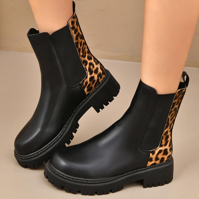 Fashion Fashion Leopard Print Platform Chelsea Boots Women Slip On Plus Size Thick Sole Ankle Boots Woman Pu Leather Short Booties Mujer