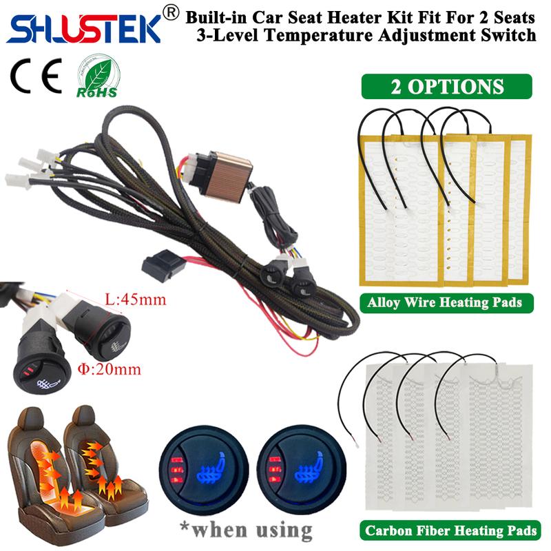 Universal Built-in 12V Car Seat Heater Kit Fit 2 Seats with 4 Heating Pads MAX 108W and 3 Levels Dual Control Switches System