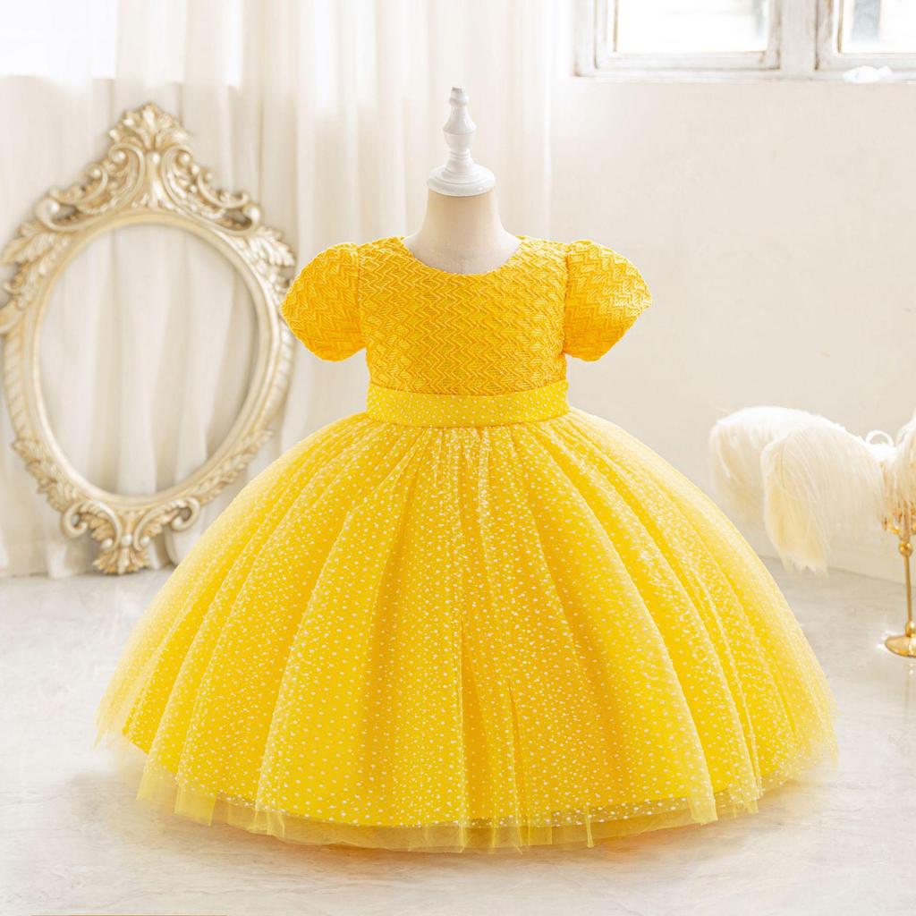 Sequin Puffy Princess Dress for Girls - Evening & Catwalk Performance Attire with Bubble Sleeves