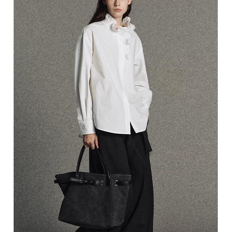 Elegant French Wood Ear Collar White Cotton Long Sleeve Women's Shirt - 2026 Early Spring Collection