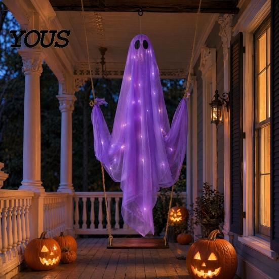 Swinging Ghost Light Halloween Decoration, Large Hanging Swing with LED String Lights, Button Battery Powered Figure for Outdoor Indoor Party