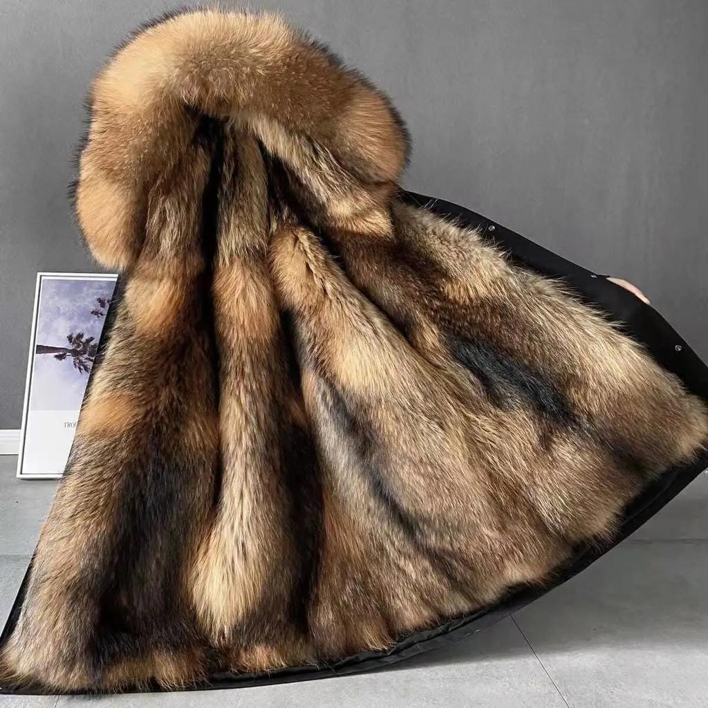 Women's Medium Length Winter Fur Coat with A Large Fur Collar Made of Raccoon Dog Fur with Removable Lining Made of Thickened Faux Fur Parka for Women