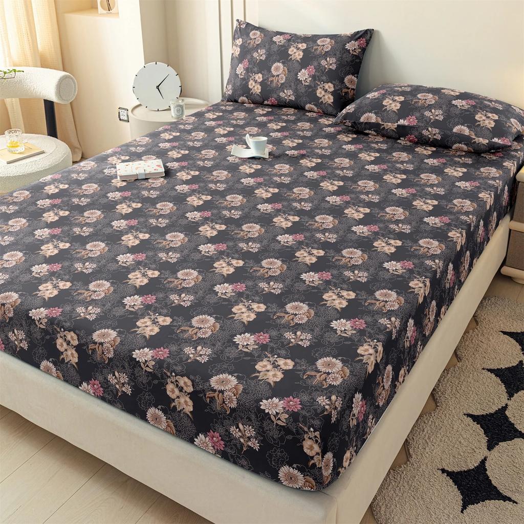 1pc Brushed Floral Print Polyester Fitted Sheet With Elastic Bands Non-Slip Mattress Cover for Single Double King Bed 153*203cm