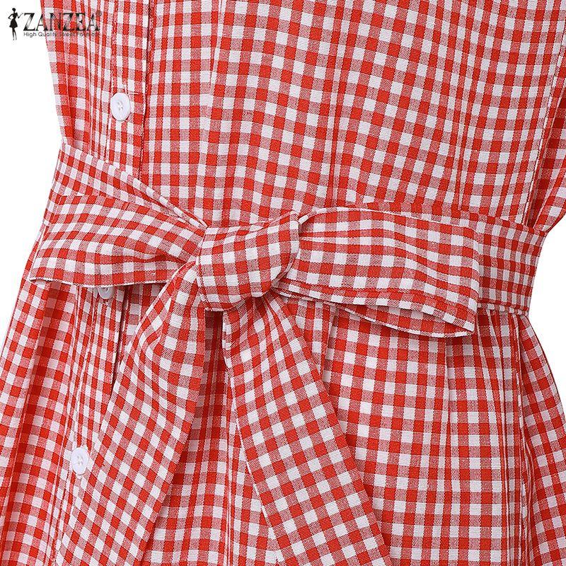 ZANZEA Women Casual Round Neck Loose Summer Grid Print Sleeveless Dress