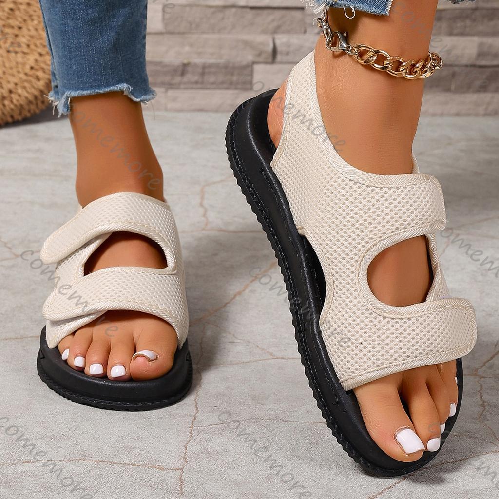 Comemore New Breathable Mesh Round Head Sandals for Women Casual Flat Bottom Roman Style Black Beach Sandalias Femmes