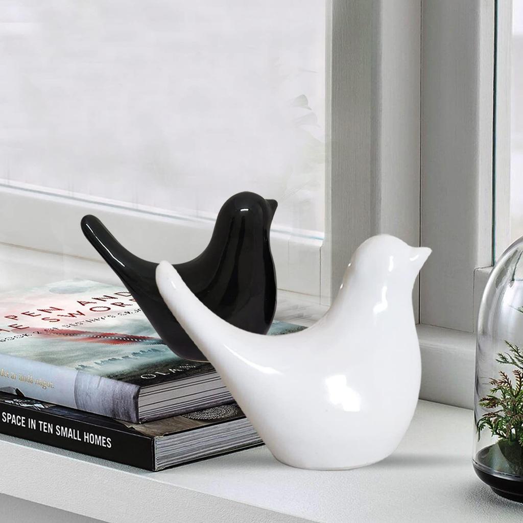 Creative Black and White Glossy Ceramic Birds Figurines Home Decorations Accessories Party (Pack of 2, White and Black)