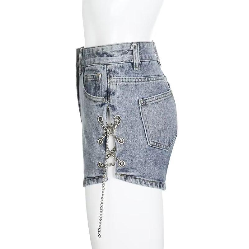 Denim Shorts for Women Summer Chain Sexy Slit High Waist Slimming A-line Jeans Hot Pants Female Clothing Y2k Fashionable