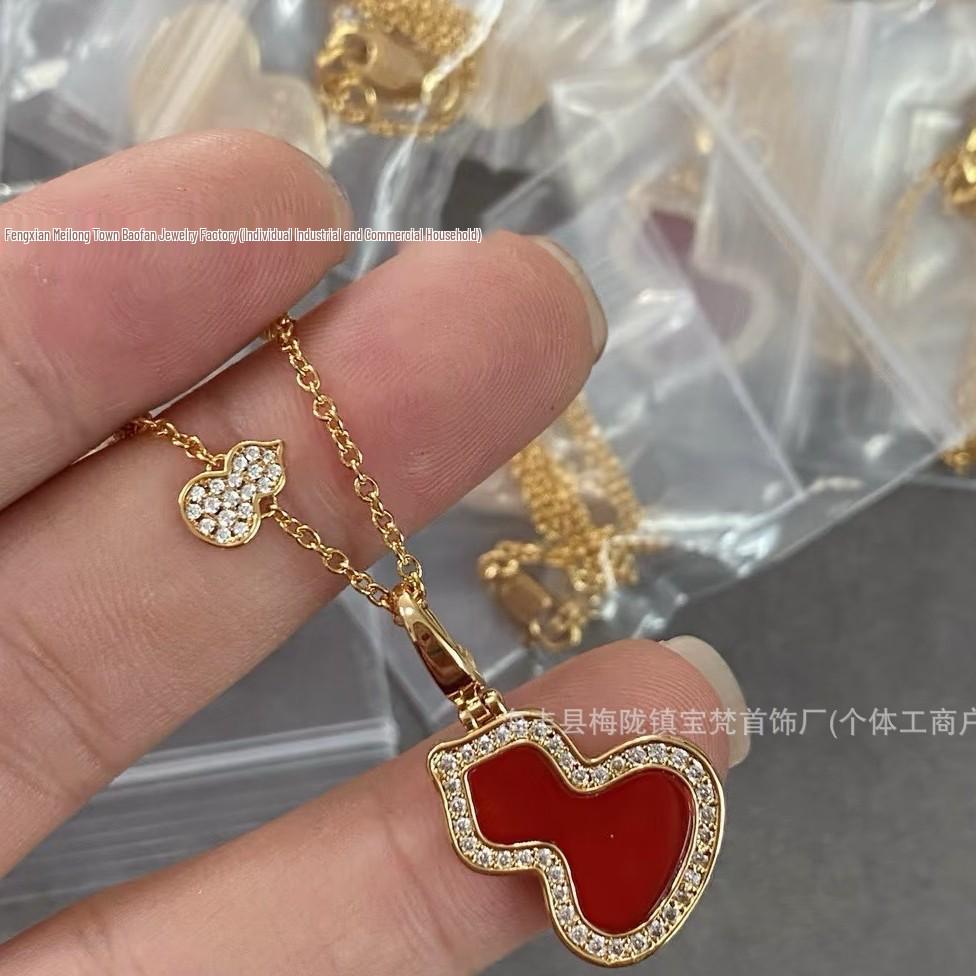 Gold Qilin Gourd Necklace with Red Chalcedony and 18k Rose Gold Clavicle Chain