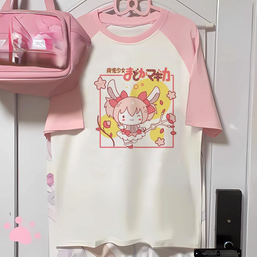 Puella Magi Madoka Magica Chibi Raglan T-Shirt - Pink & White Tee with Kawaii Graphic, for Anime Fans & Cute Aesthetic Outfits M