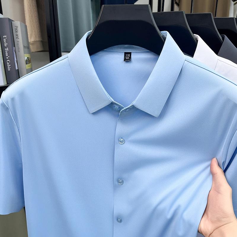 Pánská letní bezešvá košile s krátkým rukávem z ledového hedvábí - Prodyšná, jednobarevná, Business Casual, s krátkým rukávem.