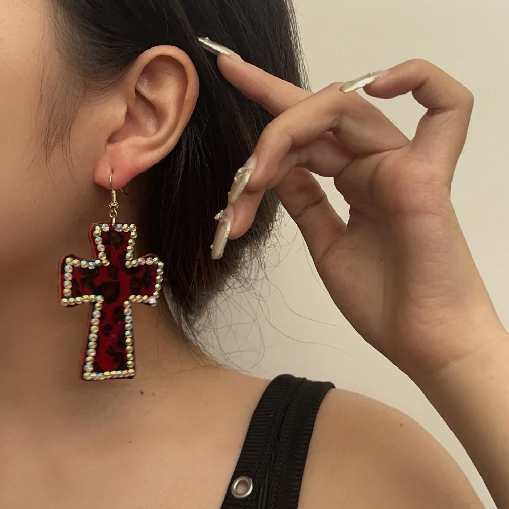 Y2k Hot Girls Colored Diamond Leopard Print Large Flocking Cross Dangle Earrings for Women Punk Exaggeration Jewelry Accessory